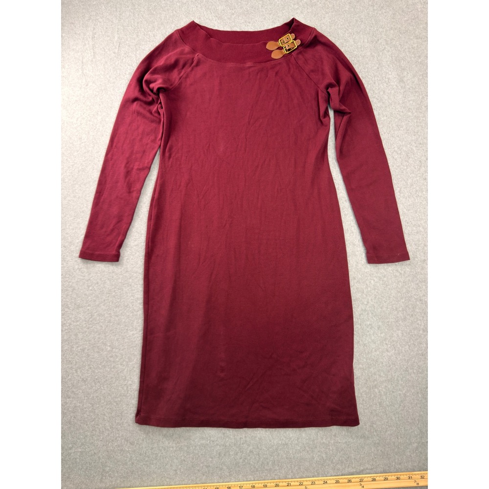 Lauren Ralph Lauren Burgundy Cotton Knit Buckle Detail Sheath Dress Womens L